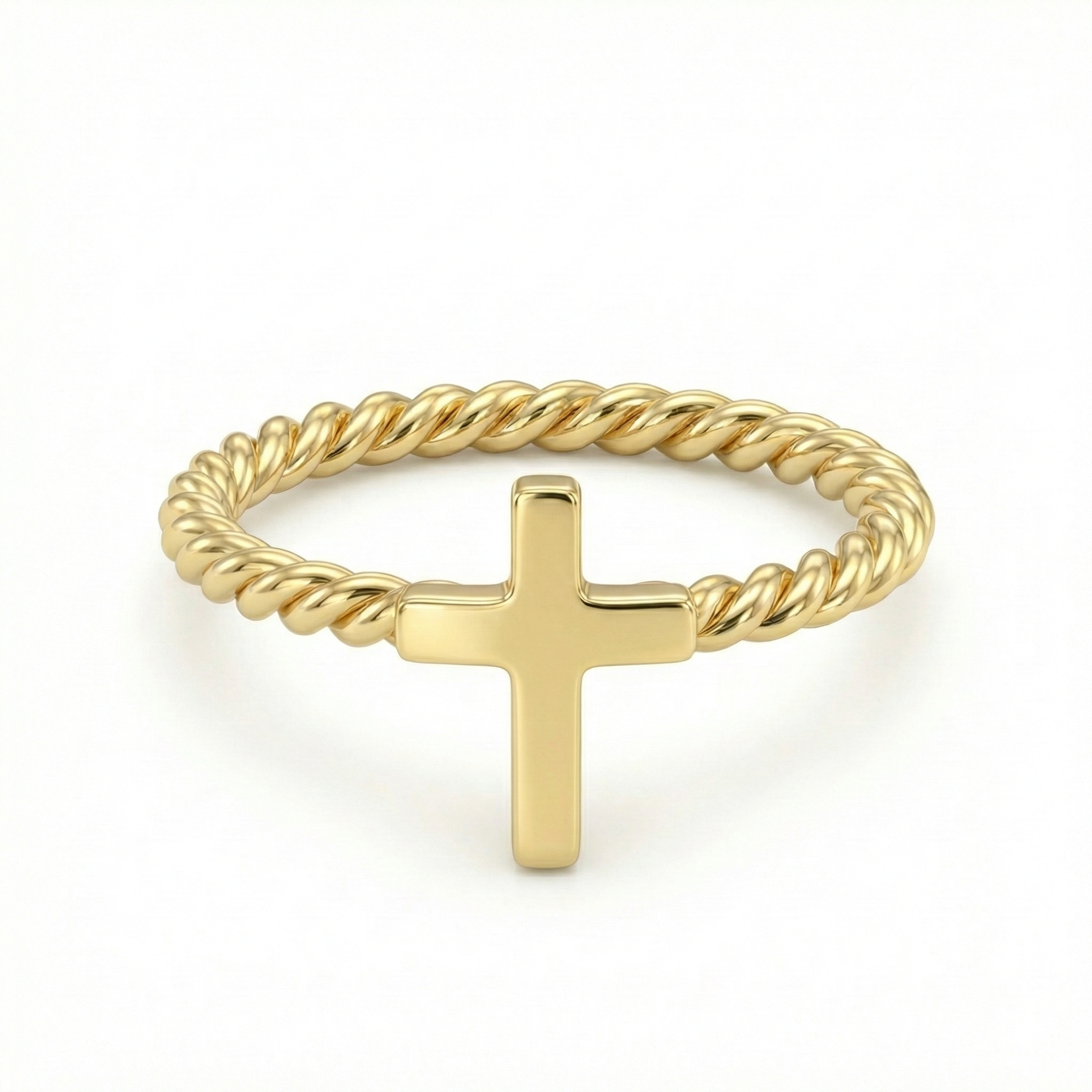 Bague dorée or 18k avec croix lisse horizontale et anneau torsadé