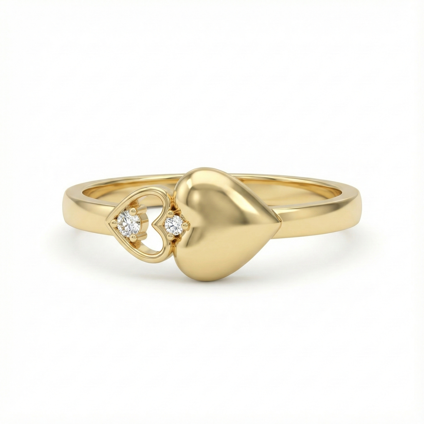 Bague dorée or 18k avec motif double cœur, cœur satiné et cœur ajouré serti de zircons blancs, bijou romantique et élégant