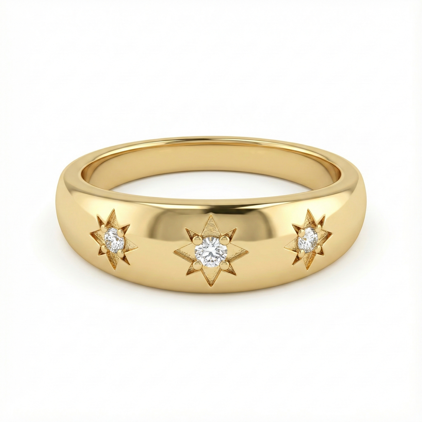 Bague dorée or 18k avec étoiles gravées à huit branches et strass scintillants, bijou astral minimaliste et élégant