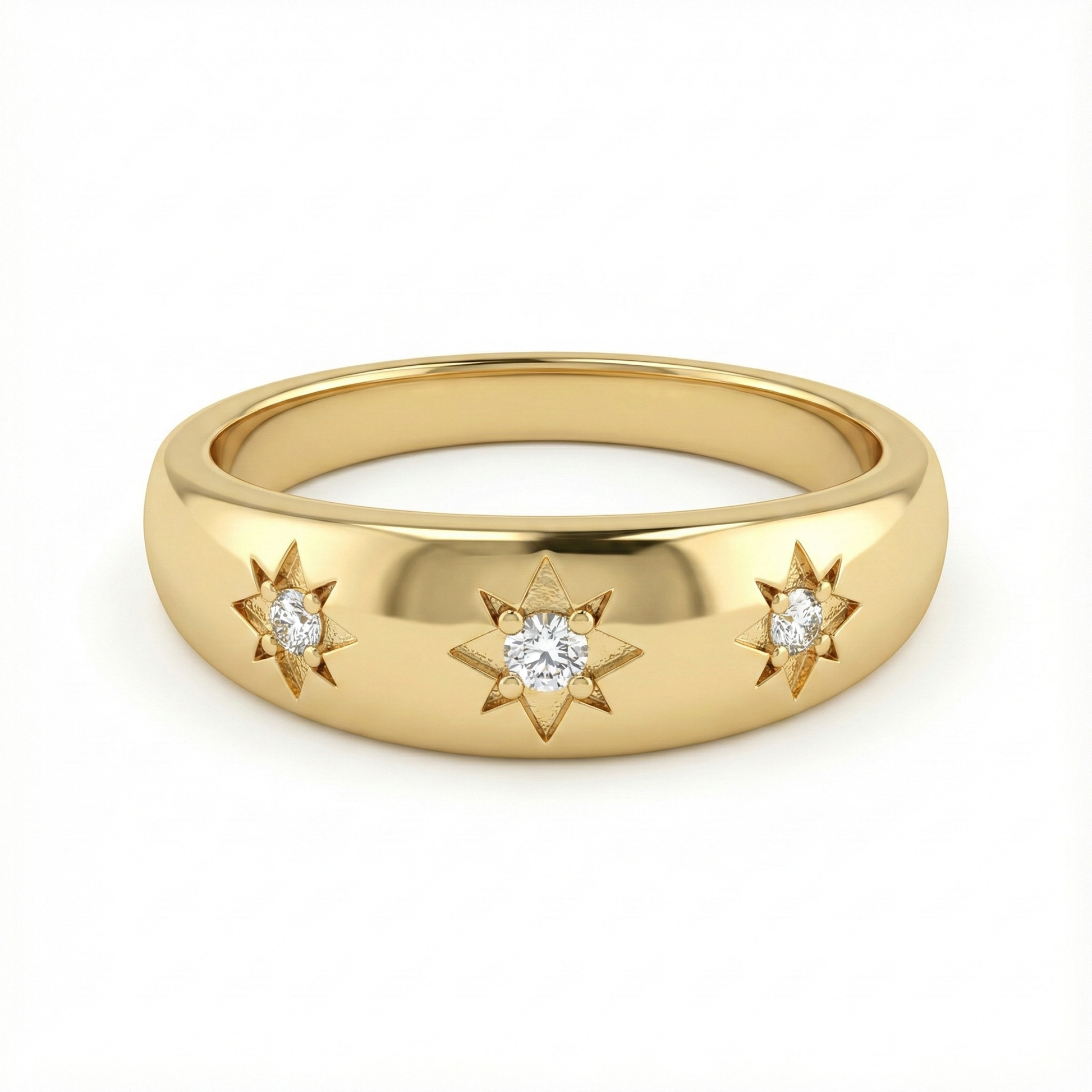 Bague dorée or 18k avec étoiles gravées à huit branches et strass scintillants, bijou astral minimaliste et élégant