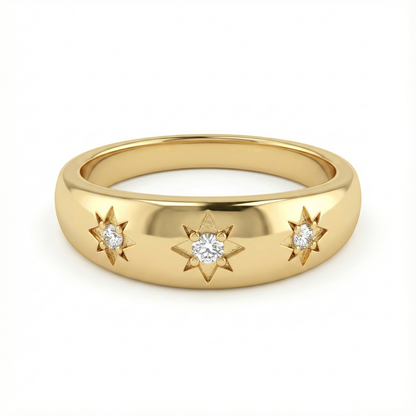 Bague dorée or 18k avec étoiles gravées à huit branches et strass scintillants, bijou astral minimaliste et élégant