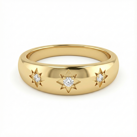 Bague dorée or 18k avec étoiles gravées à huit branches et strass scintillants, bijou astral minimaliste et élégant