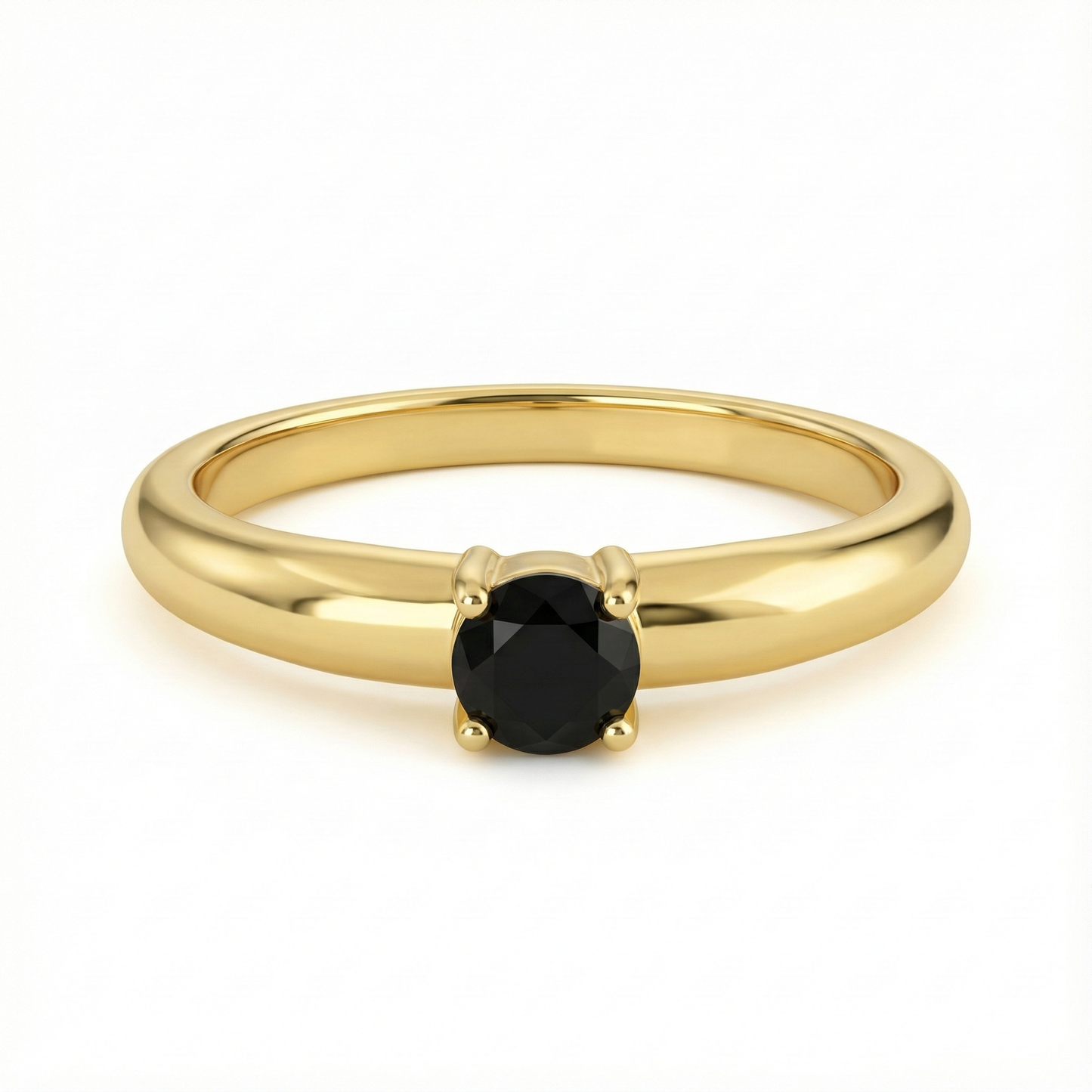 Bague dorée or 18k fine avec pierre noire ronde facettée sertie en solitaire, bijou minimaliste élégant et moderne