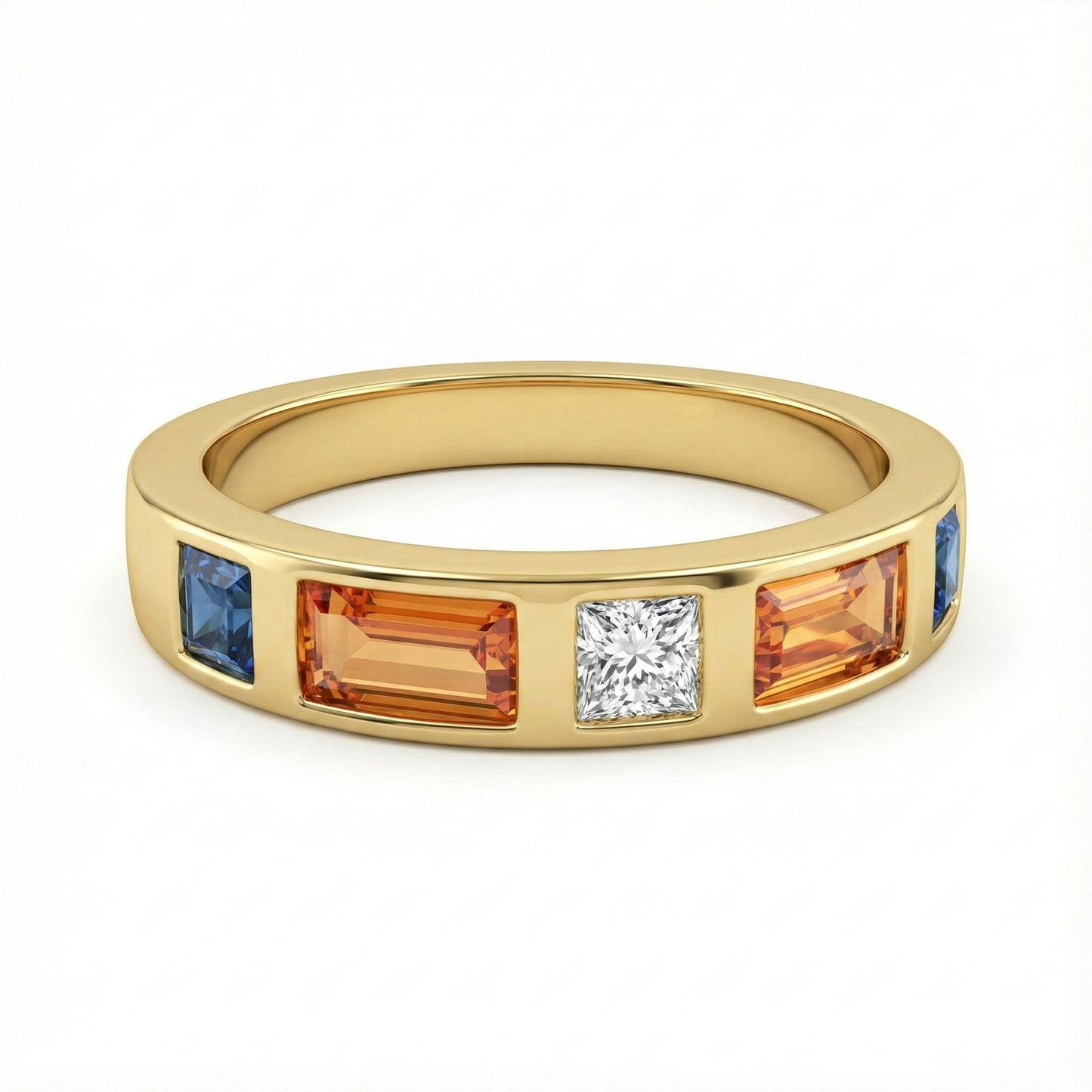 Bague dorée or 18k avec zircons multicolores rectangulaires et carrés, design géométrique moderne et élégant