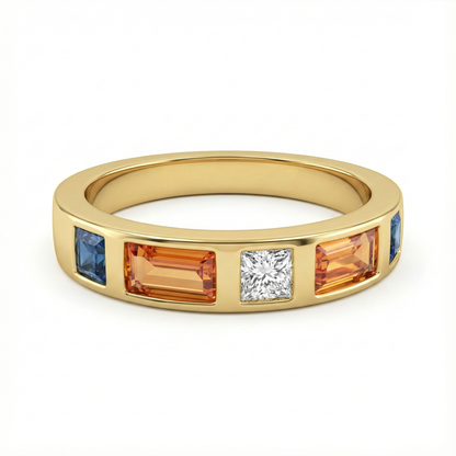 Bague dorée or 18k avec zircons multicolores rectangulaires et carrés, design géométrique moderne et élégant