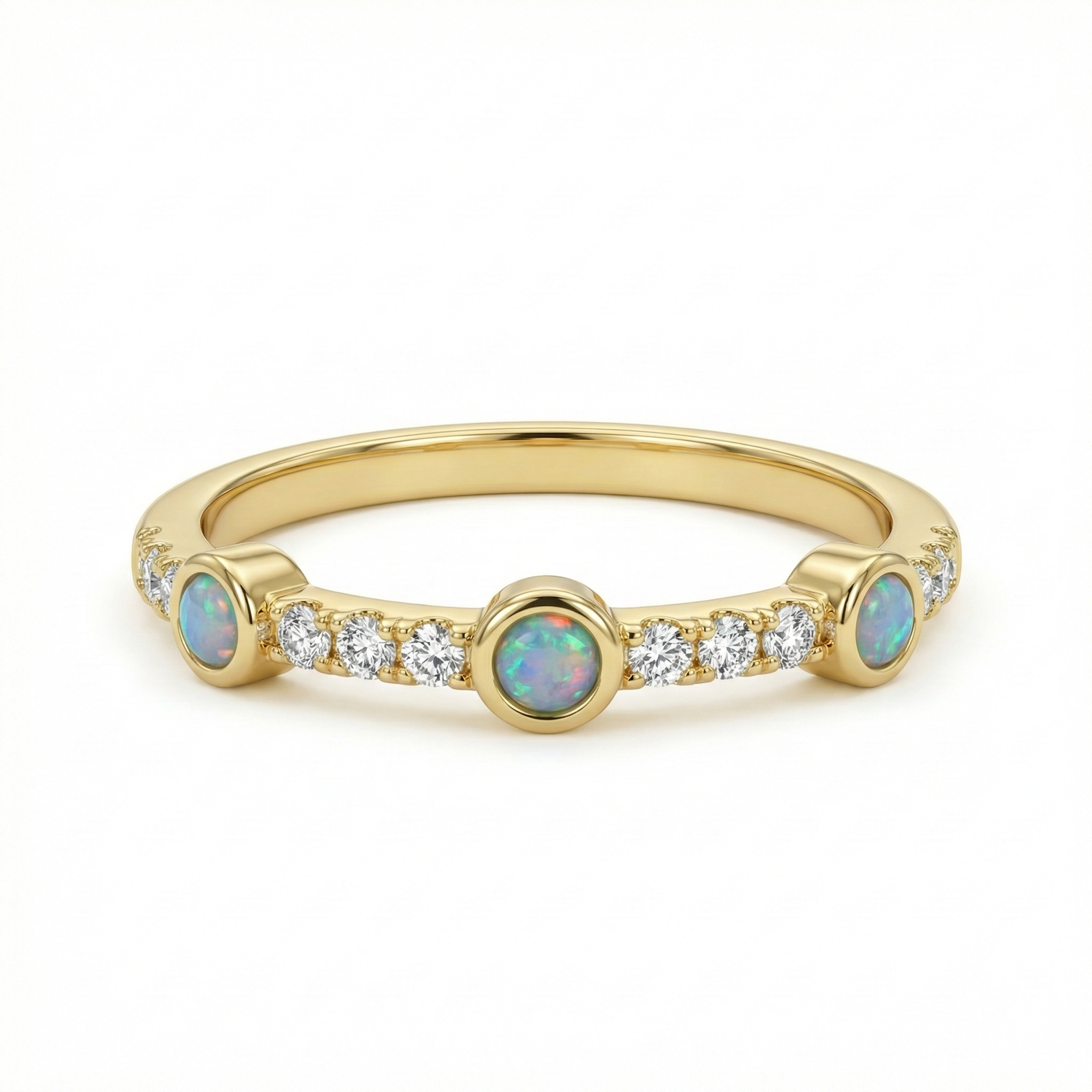 Bague dorée or 18k avec trois opales arc-en-ciel et zircons blancs