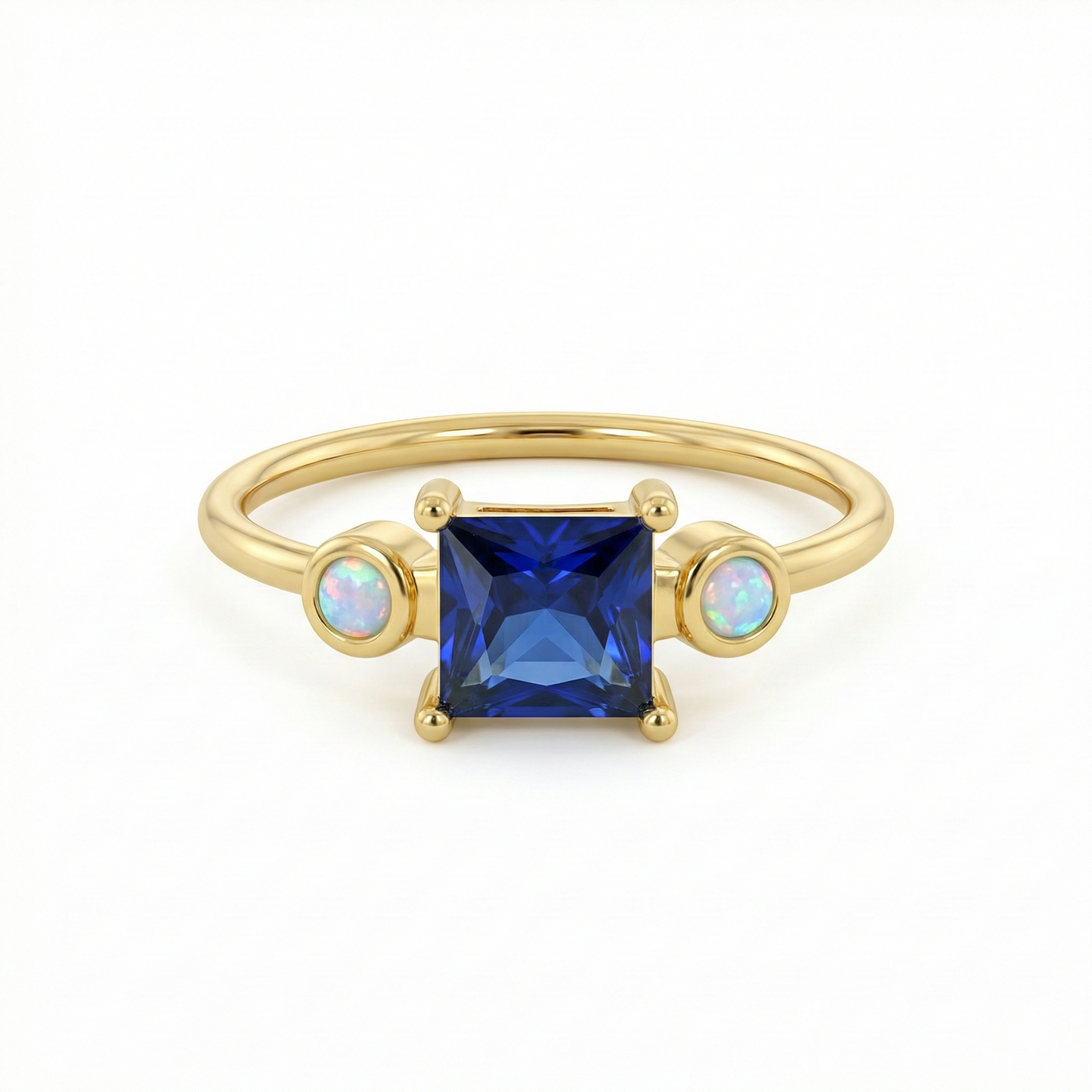 Bague dorée or 18k avec pierre bleue carrée et opales synthétiques