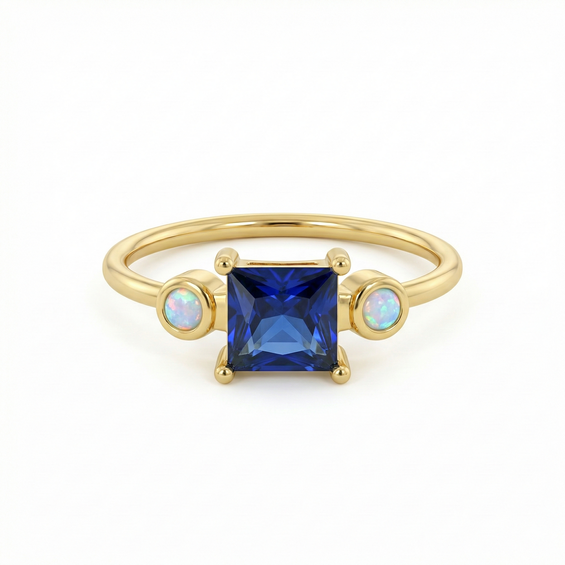 Bague dorée or 18k avec pierre bleue carrée et opales synthétiques