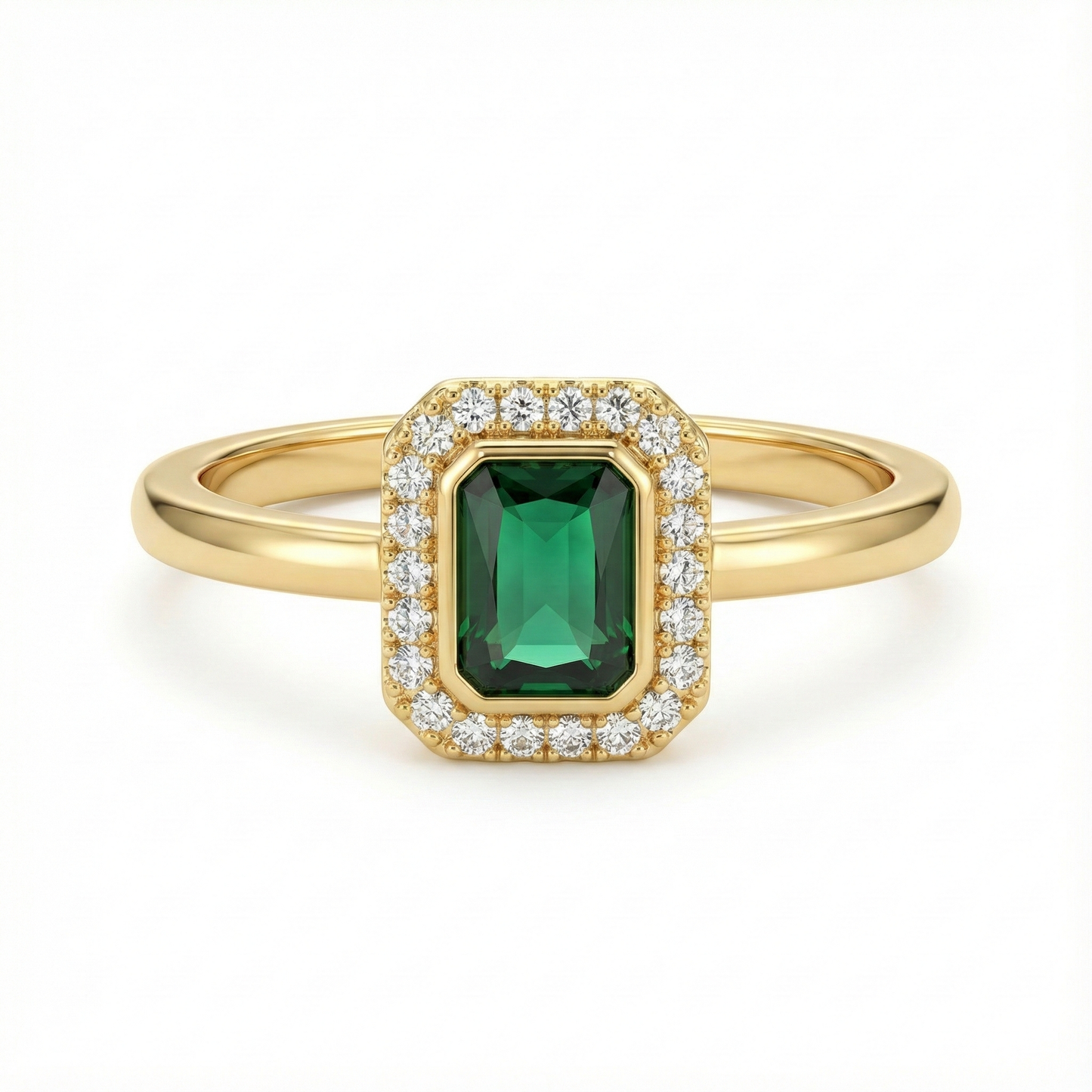 Bague dorée or 18k avec pierre verte rectangulaire imitation émeraude entourée de zircons blancs, bijou style Art déco élégant et intemporel