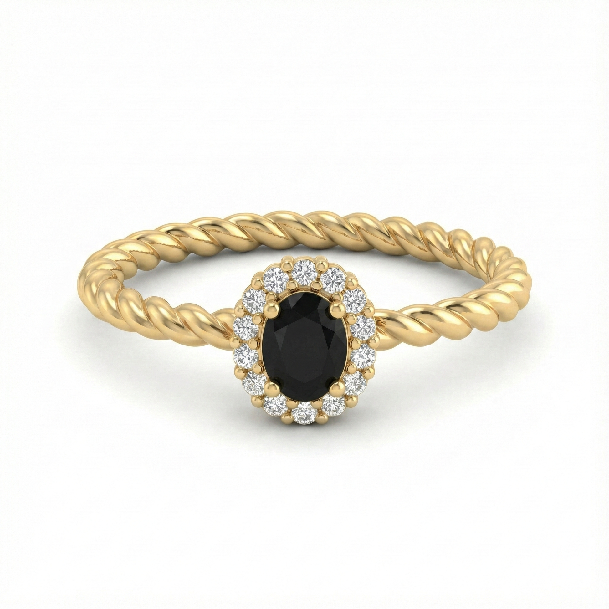 Bague dorée or 18k à anneau torsadé avec pierre noire facettée entourée de zircons blancs, bijou élégant et contrasté