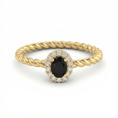 Bague dorée or 18k à anneau torsadé avec pierre noire facettée entourée de zircons blancs, bijou élégant et contrasté