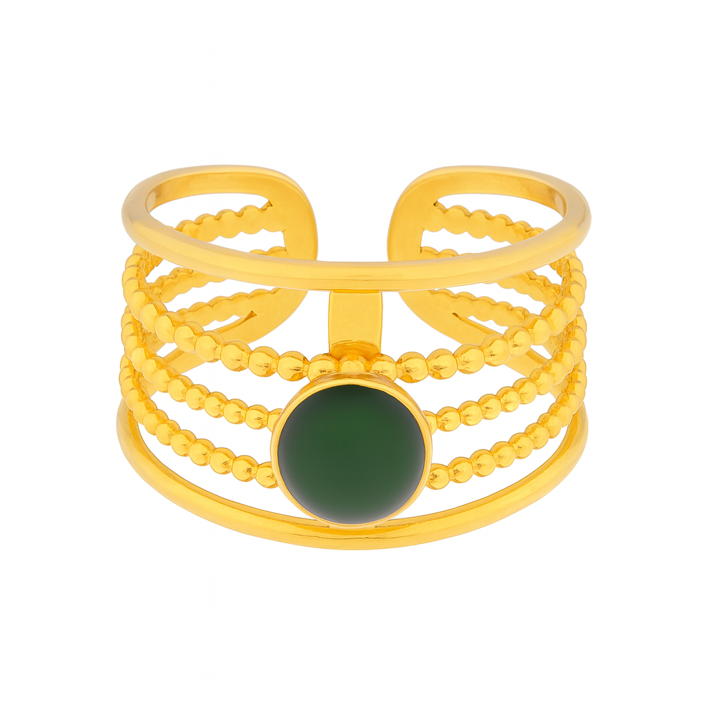 Bague Acier Inoxydable Doré Perlée & Pierre Verte