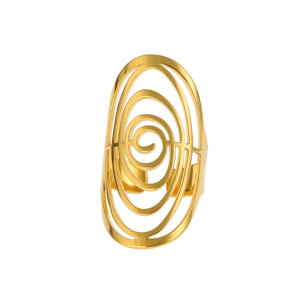 cette bague dorée spirale en acier inoxydable, au design ajouré et audacieux. Inspirée des formes hypnotiques et géométriques, cette bague statement femme attire tous les regards grâce à son format allongé et son style ultra contemporain.