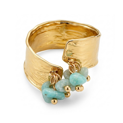 Bague d'été lumineuse en acier inoxydable doré, ornée de pierres couleur vert d'eau (menthe) rafraîchissante.