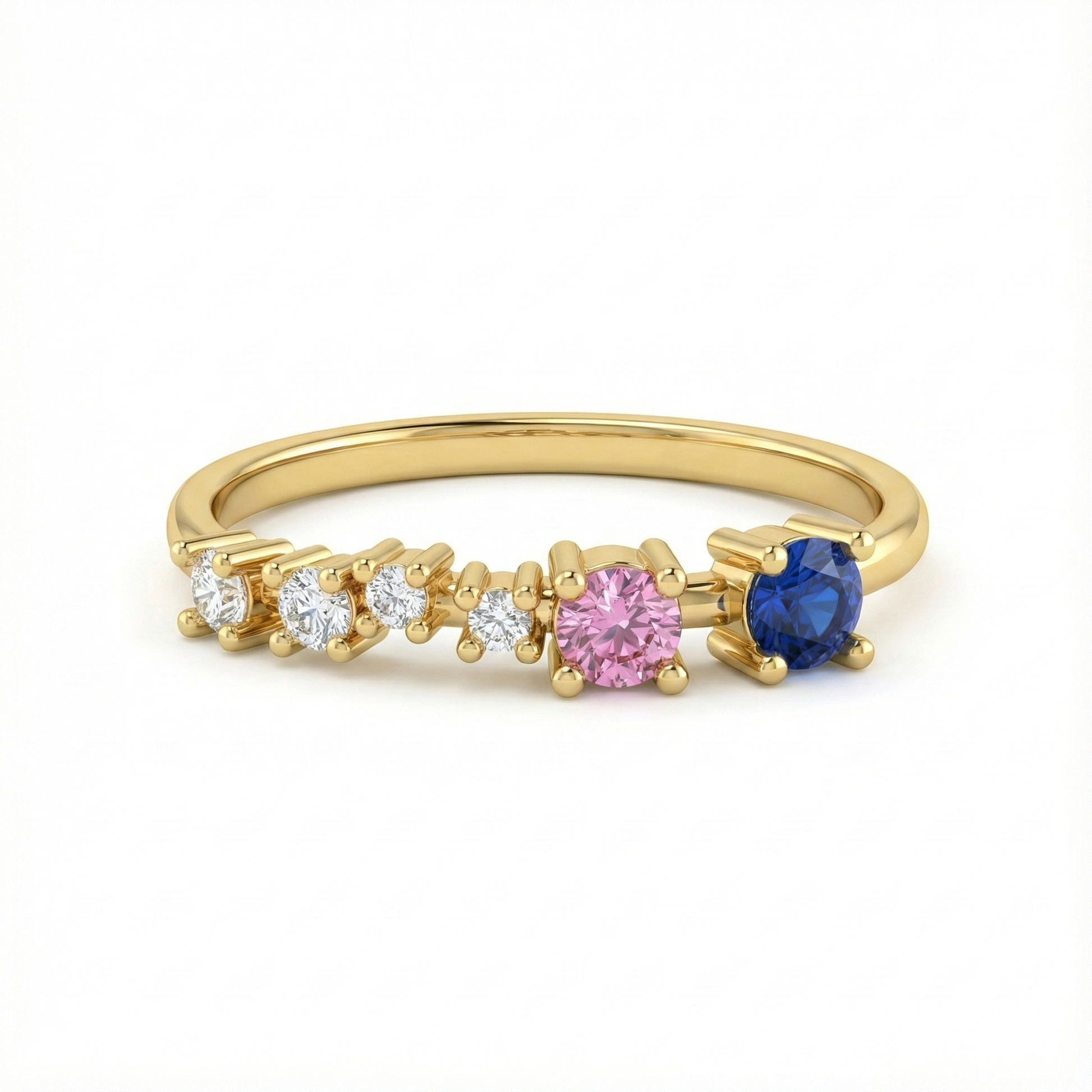 Bague fine dorée or 18k ornée de zircons colorés bleus, roses et blancs en dégradé, bijou minimaliste et lumineux