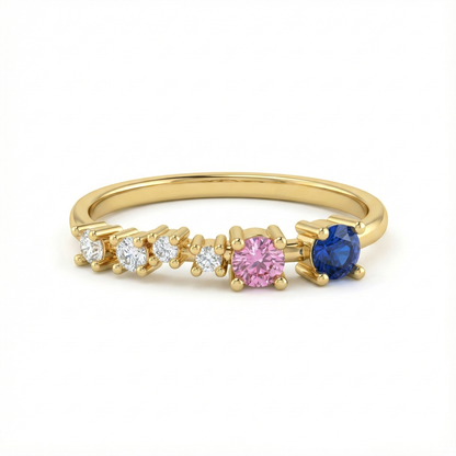 Bague fine dorée or 18k ornée de zircons colorés bleus, roses et blancs en dégradé, bijou minimaliste et lumineux