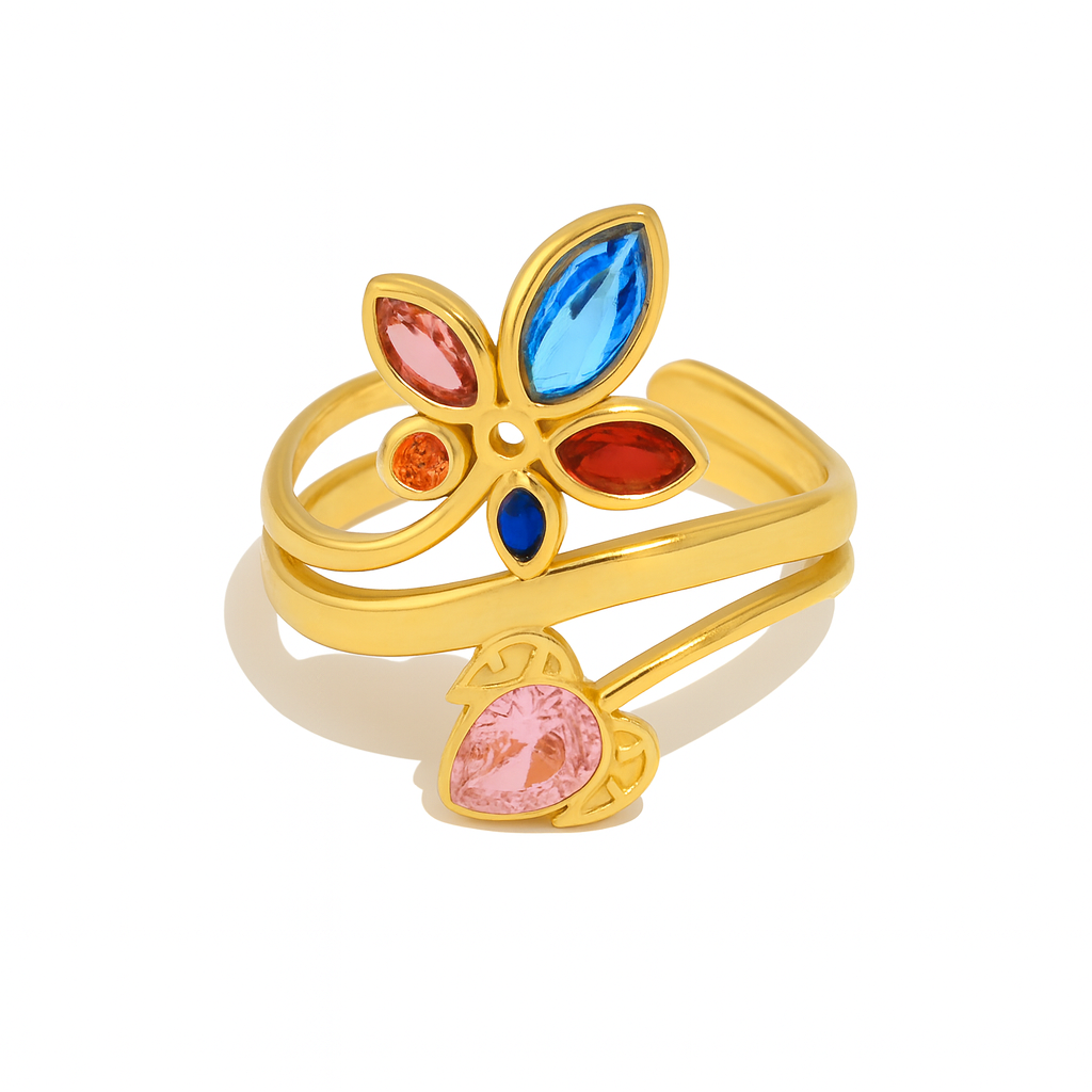 Bague Acier Inoxydable Doré Fleur Cristaux Multicolores