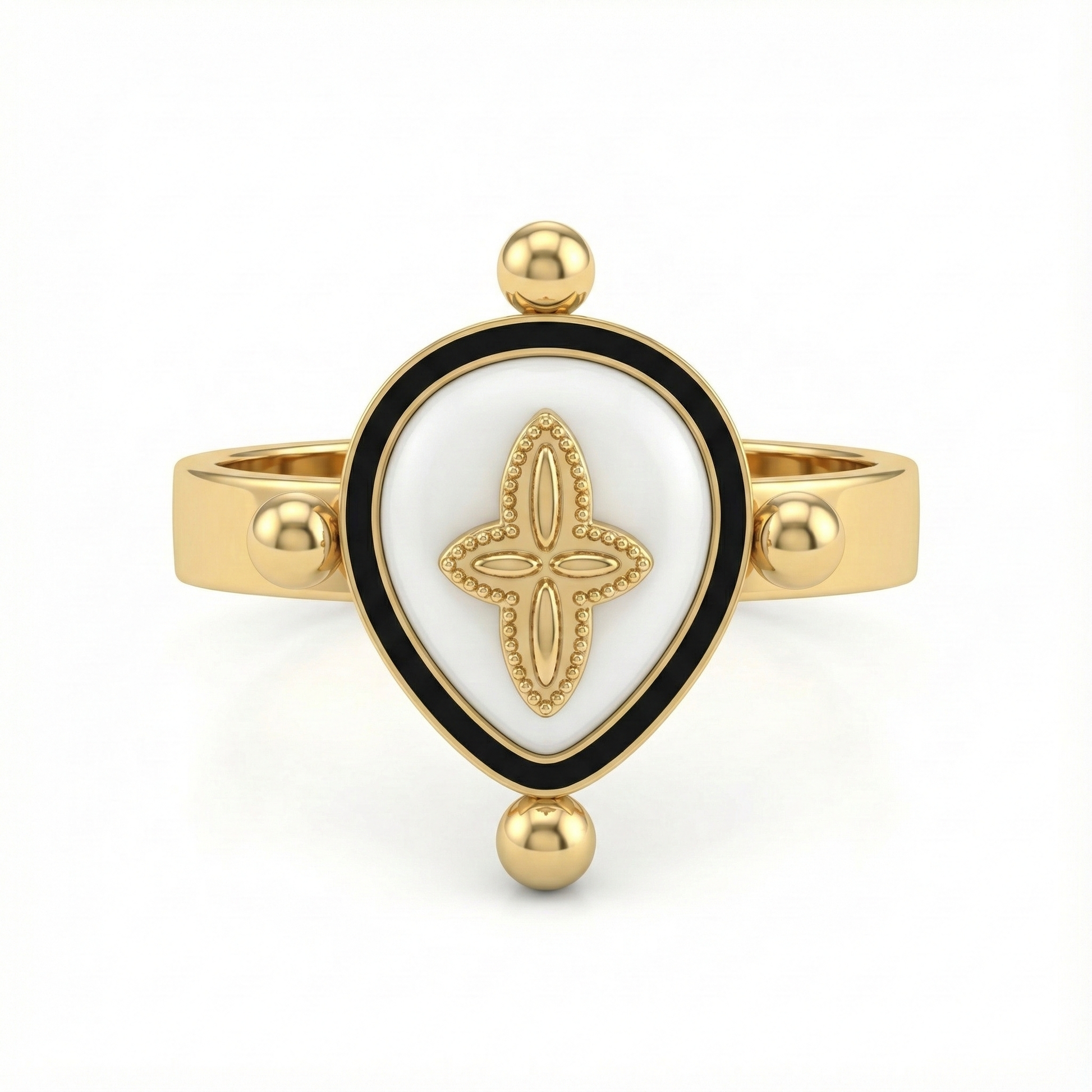 Bague fleur nacrée en acier inoxydable doré avec plateau ovale