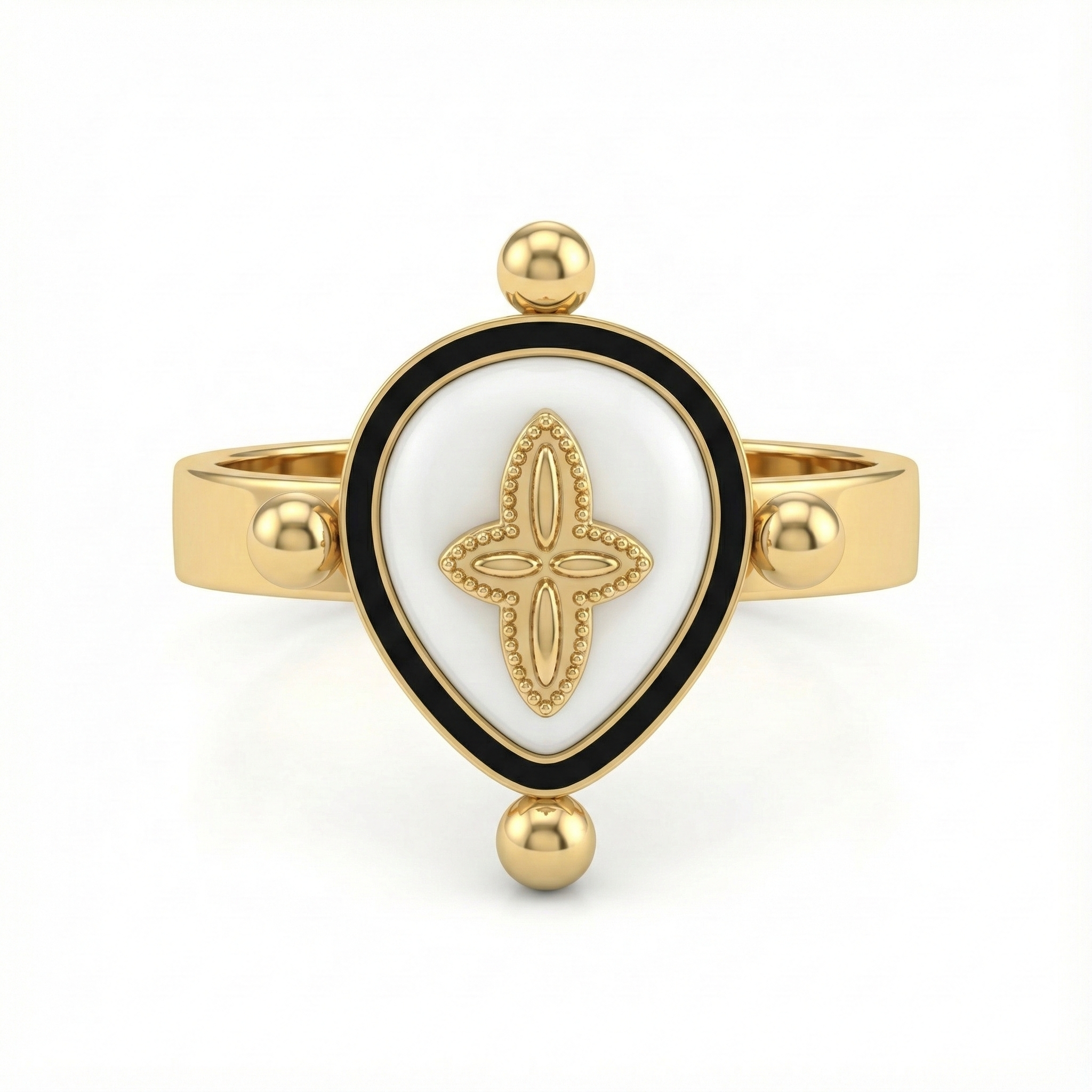 Bague fleur nacrée en acier inoxydable doré avec plateau ovale