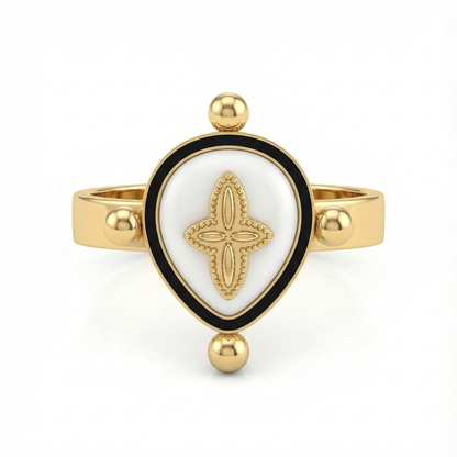 Bague fleur nacrée en acier inoxydable doré avec plateau ovale