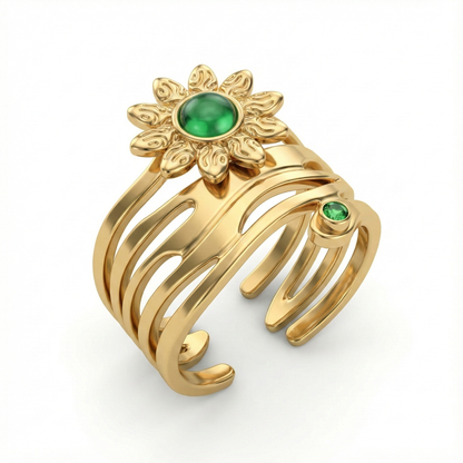 Bague fleur solaire en acier inoxydable doré avec pierre verte lisse et cristaux verts facettés, design organique et symbolique