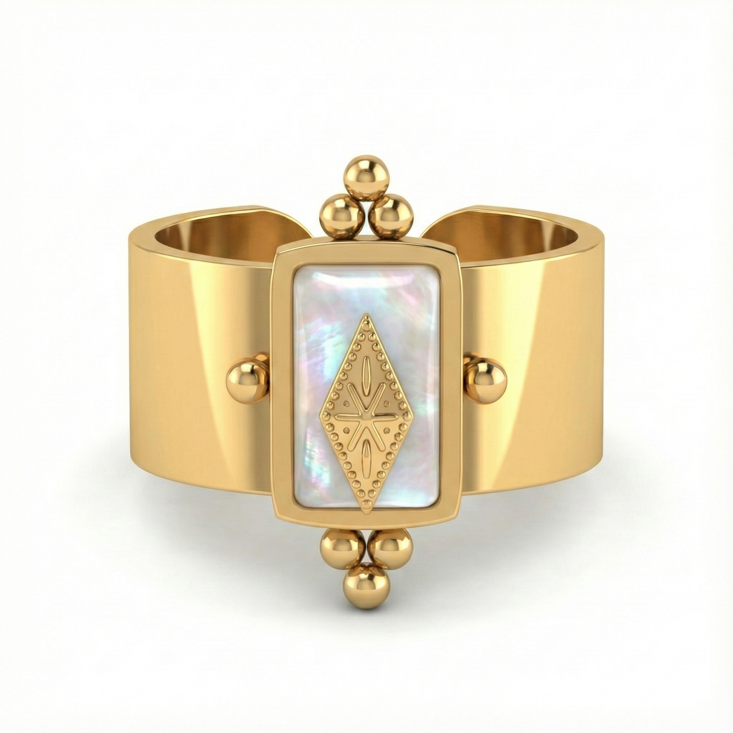 Bague géométrique en acier inoxydable doré avec pierre claire