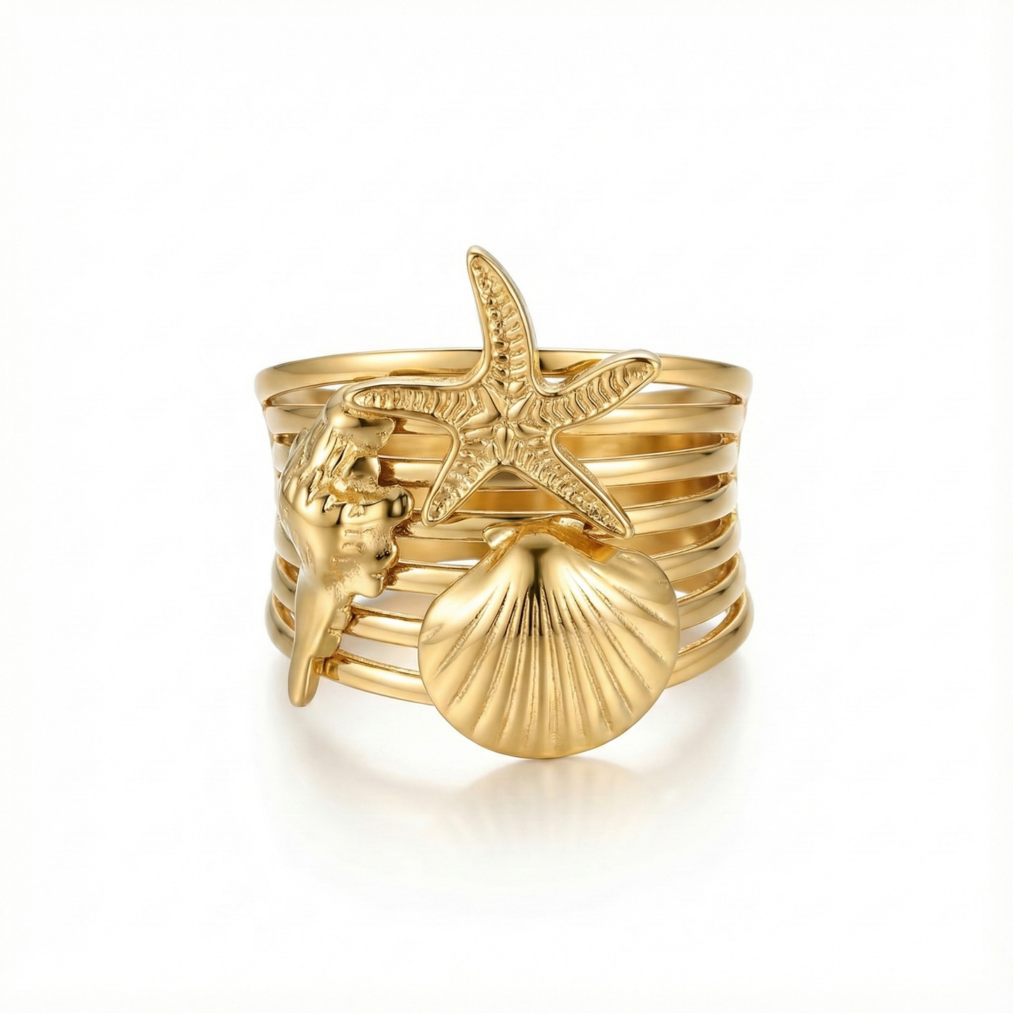 Bague large multi-rangs illusion accumulation : motifs étoile de mer et coquillages en acier inoxydable doré.