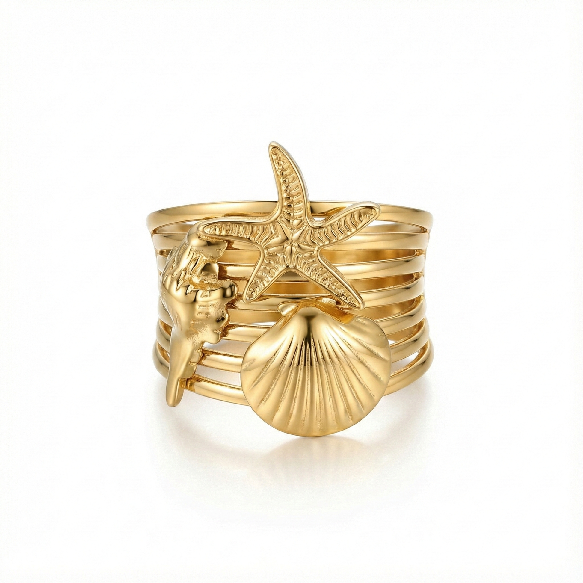 Bague large multi-rangs illusion accumulation : motifs étoile de mer et coquillages en acier inoxydable doré.