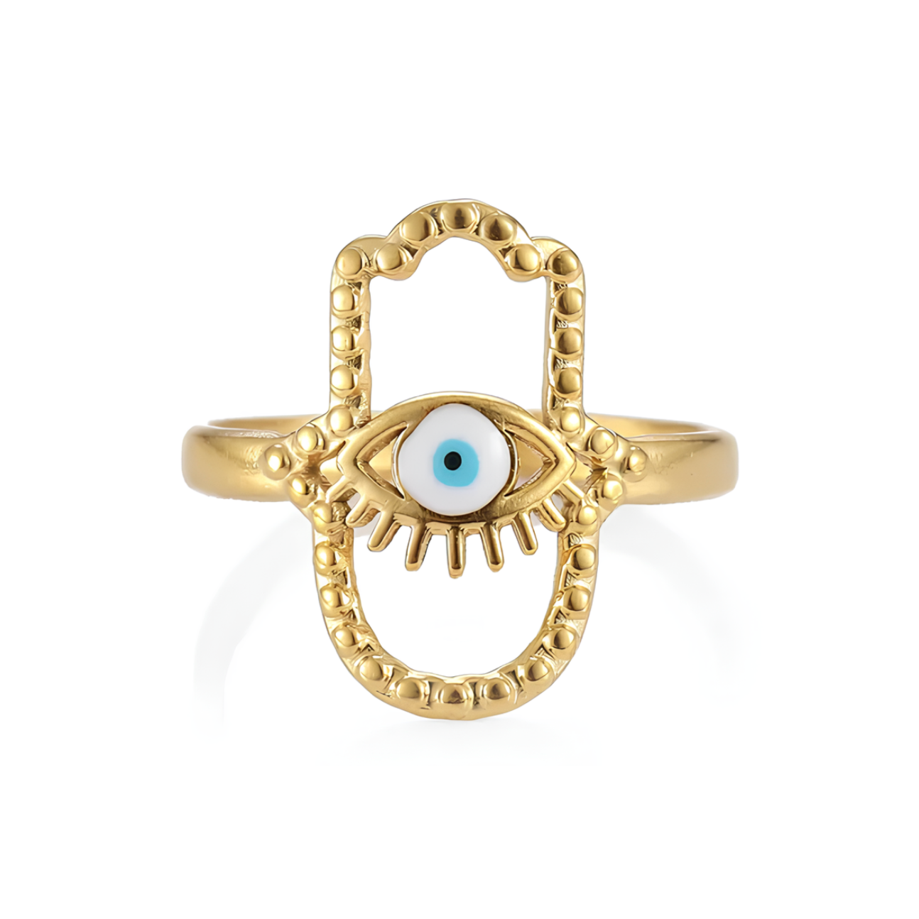 Portez la protection ancestrale de la main de Fatma avec cette bague dorée en acier inoxydable, ornée d’un œil bleu central inspiré de l’œil de Nazar. Ce bijou aux lignes épurées et au symbolisme fort est parfait pour un style à la fois spirituel et tendance.