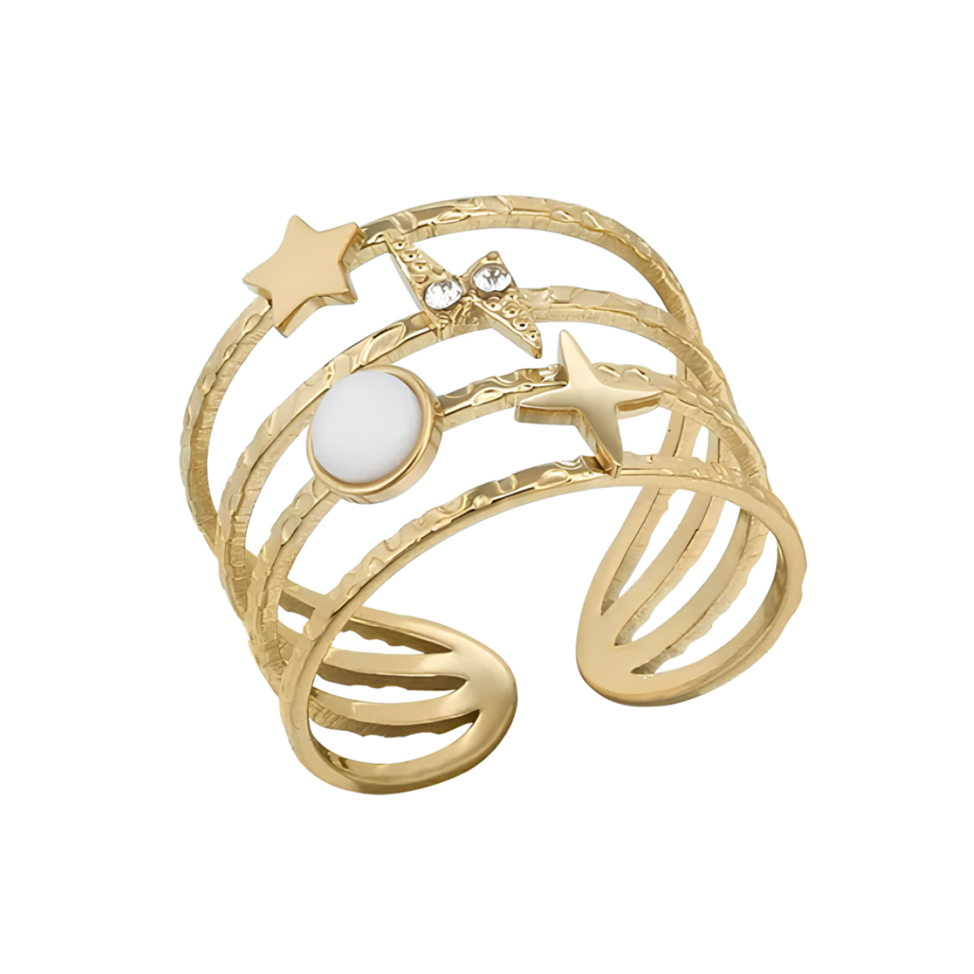 Ajoutez une touche céleste à votre style avec cette bague manchette dorée au design astral. Conçue en acier inoxydable doré, cette pièce unique arbore une étoile à 4 branches, un éclair incrusté de strass, un disque nacré et une étoile filante. L’ensemble repose sur une base martelée à plusieurs anneaux, apportant une texture raffinée et une structure moderne.