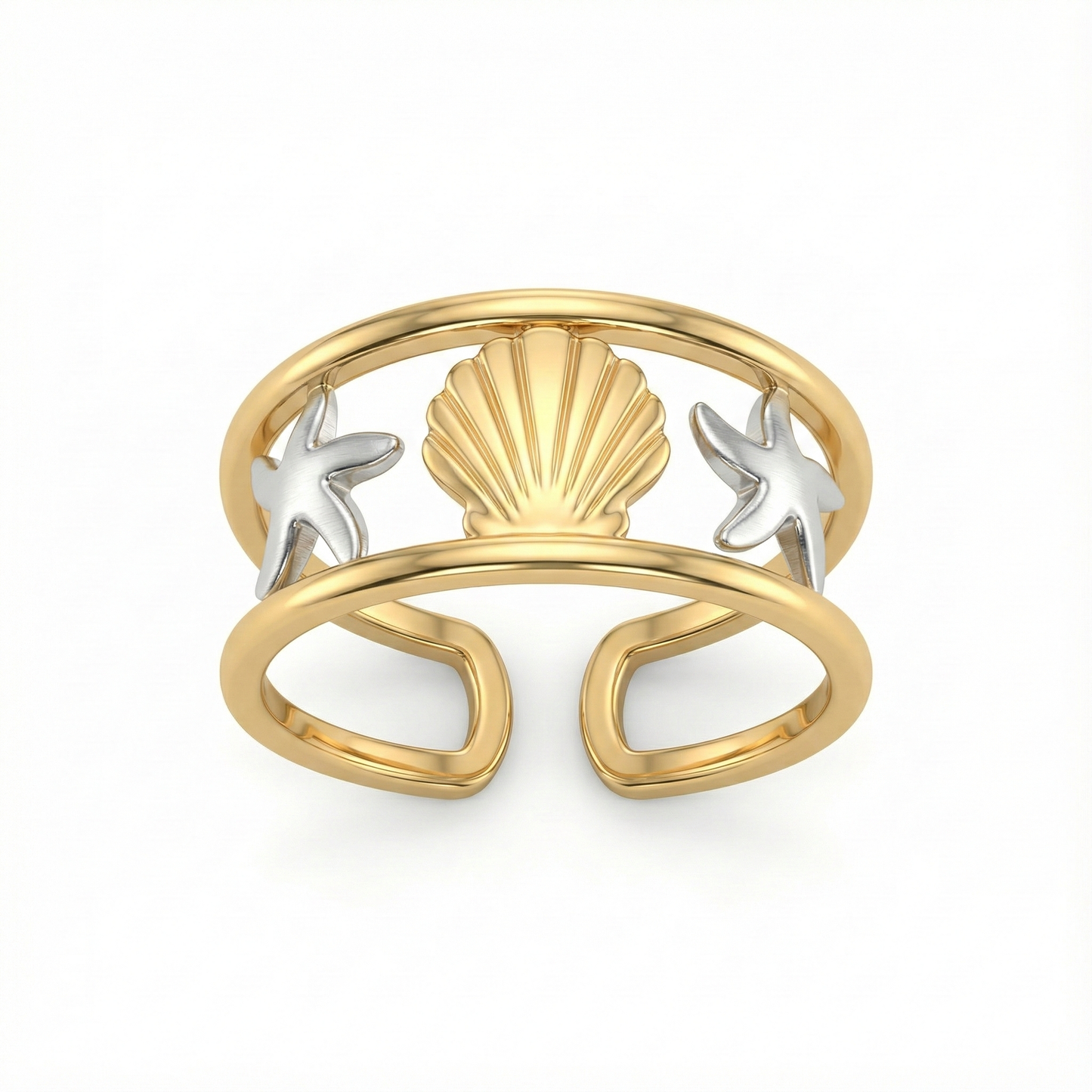 Bague marine dorée avec coquille et étoiles de mer
