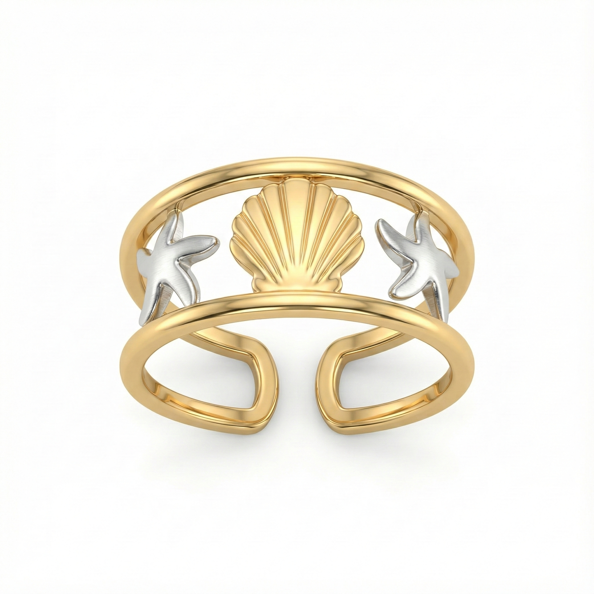 Bague marine dorée avec coquille et étoiles de mer