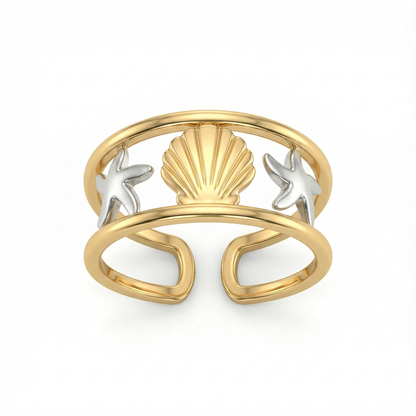 Bague marine dorée avec coquille et étoiles de mer