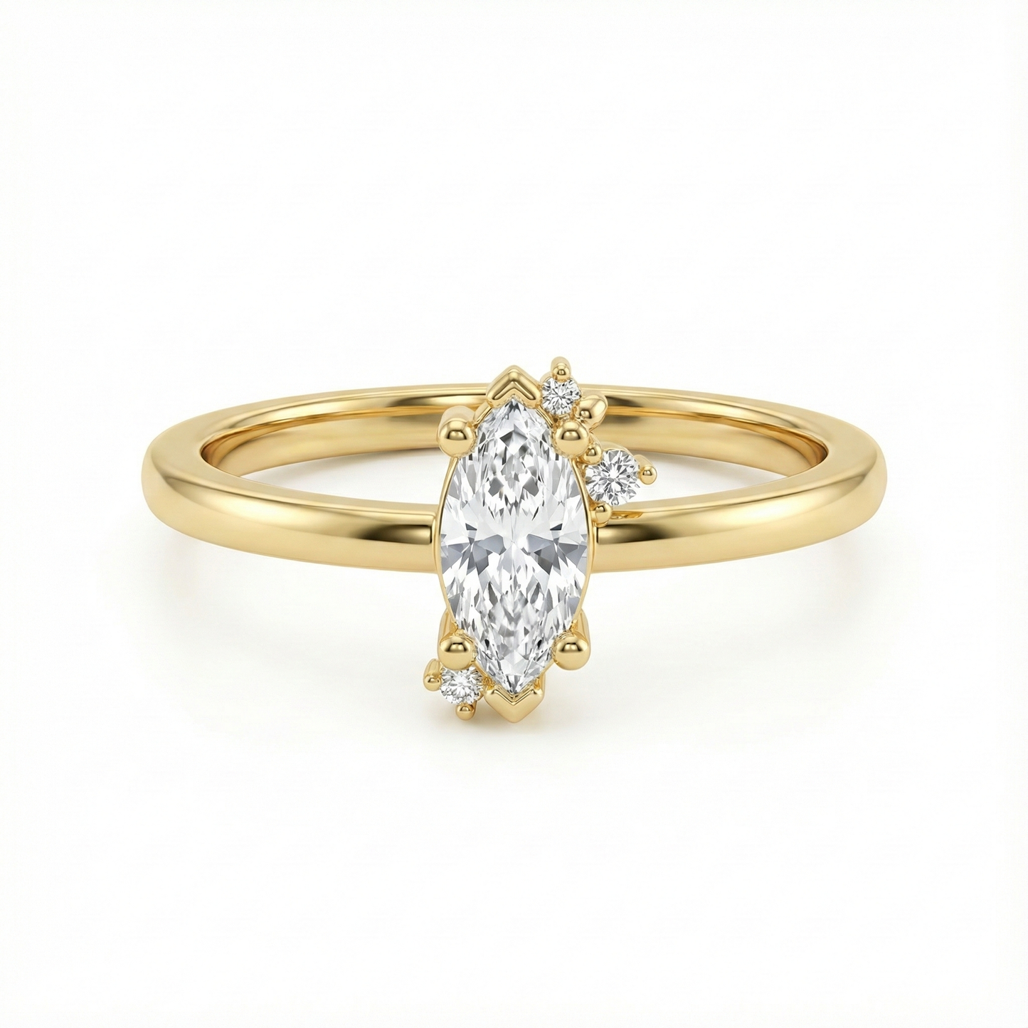 Bague marquise dorée or 18k avec pierre centrale scintillante et entourage de zircons blancs, design fin et élégant