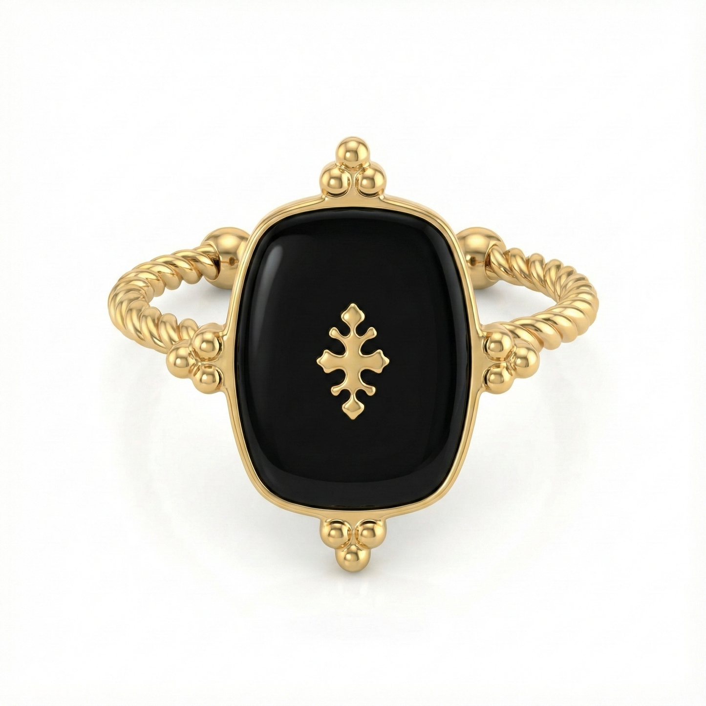 Bague médaillon noir en acier inoxydable doré avec symbole en relief