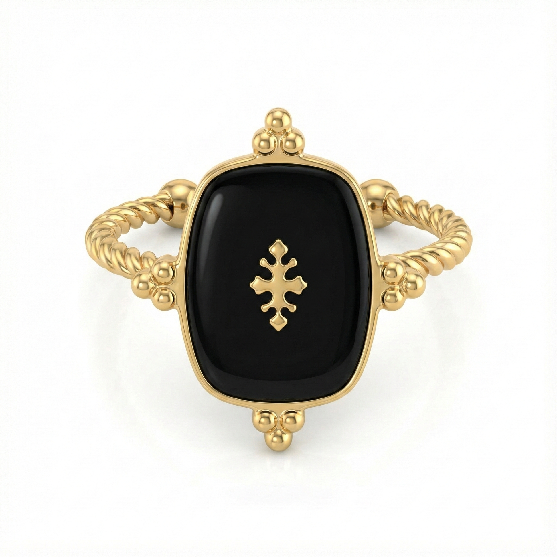 Bague médaillon noir en acier inoxydable doré avec symbole en relief