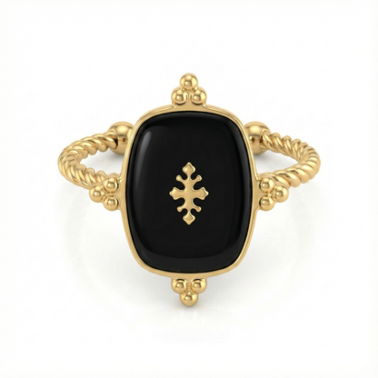 Bague médaillon noir en acier inoxydable doré avec symbole en relief