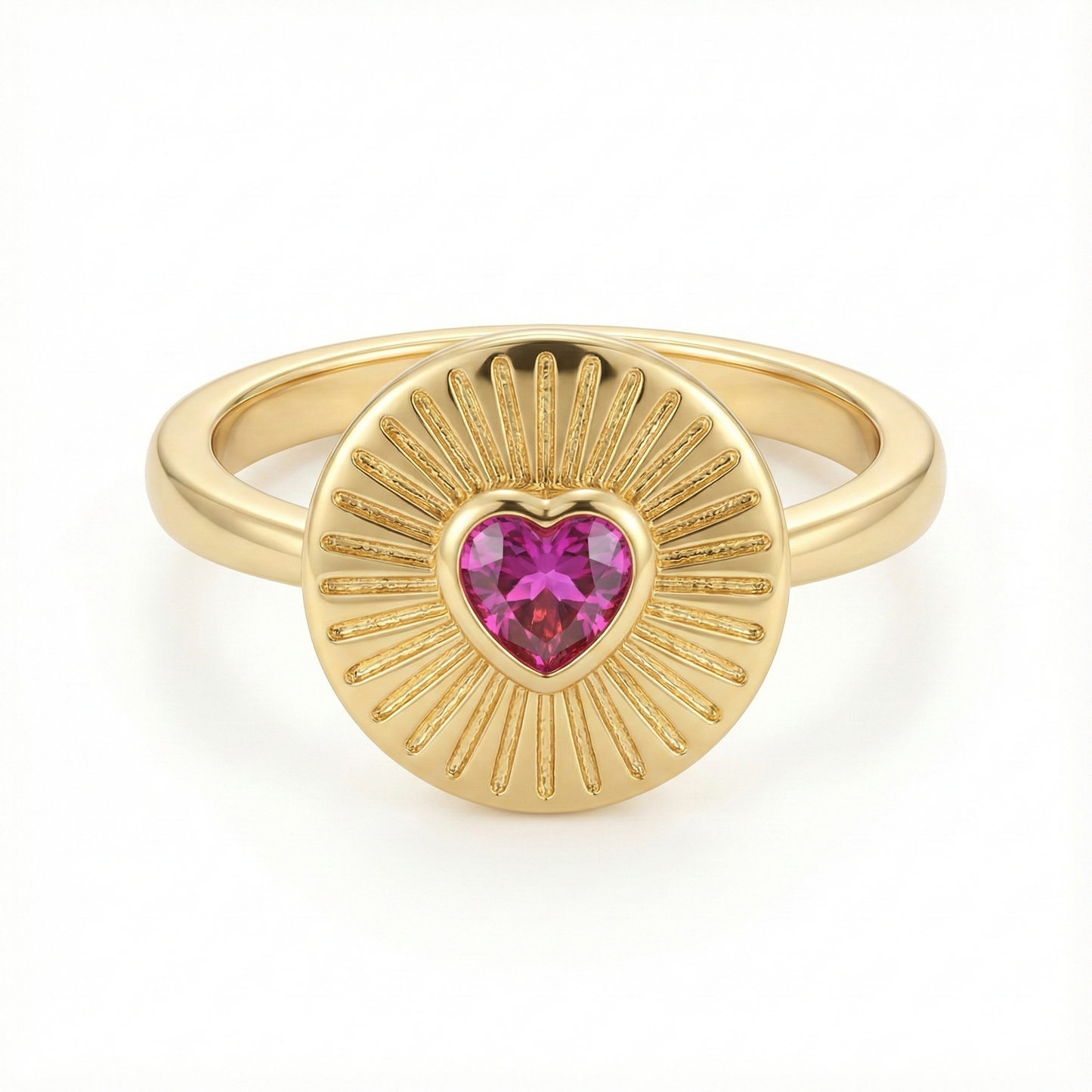 Bague médaillon solaire en acier inoxydable doré avec cœur rose fuchsia facetté et rayons ciselés, bijou symbolique lumineux