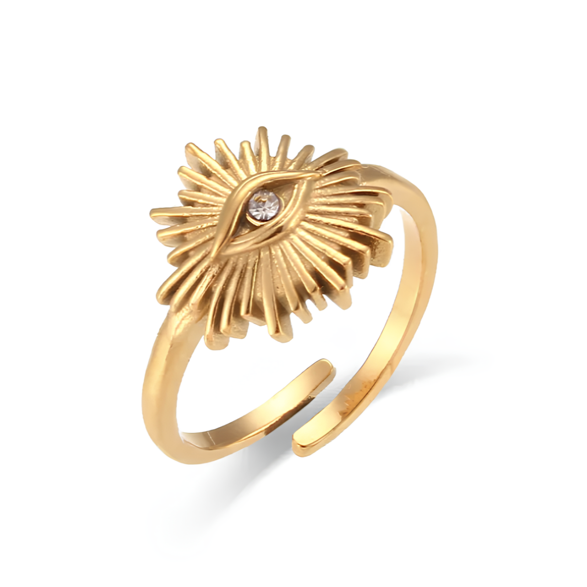 Cette bague en acier inoxydable doré, ornée d’un œil central rayonnant incrusté d’un petit cristal, est un symbole de protection, de vigilance et de spiritualité. Avec son design solaire et sa finition brillante, elle attire l’attention avec élégance.

Matériau : Acier inoxydable couleur doré, placage PVD or 18K, cristal central, hypoallergénique, résistant à l’eau et à l’oxydation.

Dimensions : Motif 1,3 cm, largeur anneau 0,2 cm, taille ajustable, poids 3,5 g.