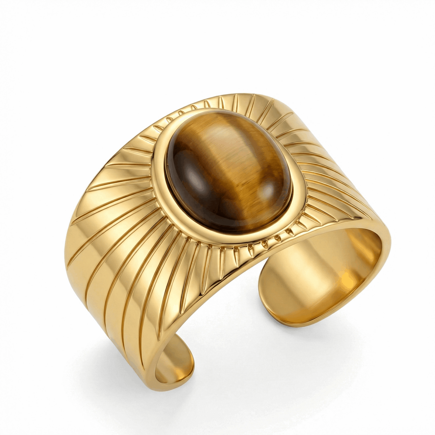 Bague ouverte en acier inoxydable doré avec pierre cabochon marron