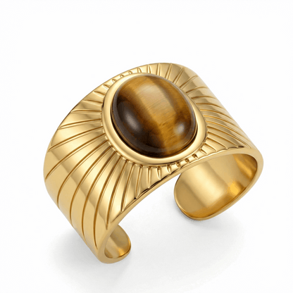 Bague ouverte en acier inoxydable doré avec pierre cabochon marron
