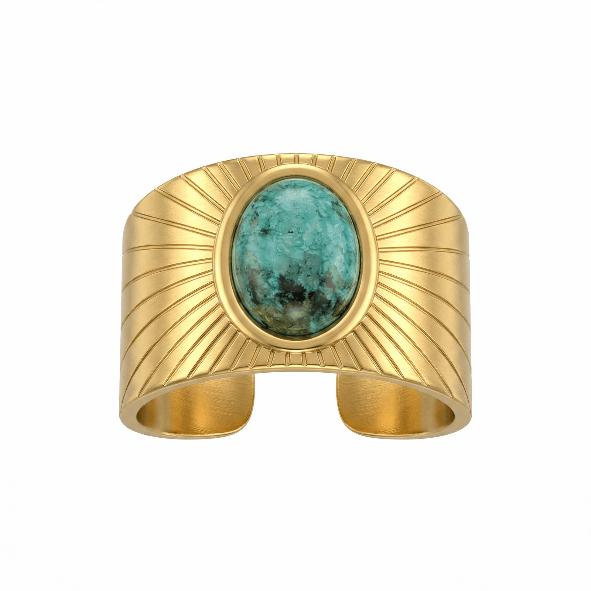 Bague ouverte en acier inoxydable doré avec pierre verte cabochon, design structuré gravé, bijou de caractère pour usage quotidien