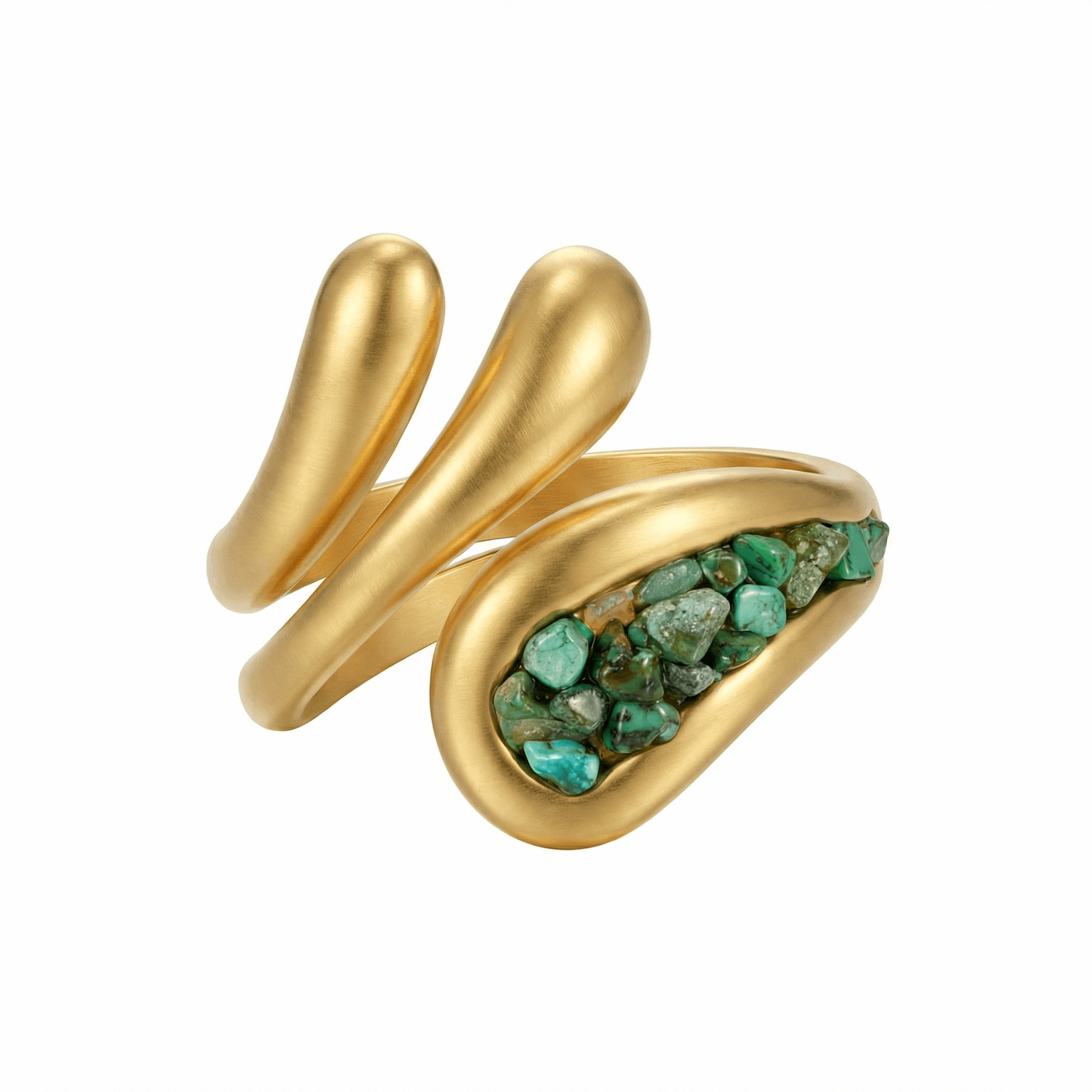 Bague ouverte en acier inoxydable doré sertie de pierres vertes, design sculptural contemporain, dimension 2,4 cm, usage quotidien