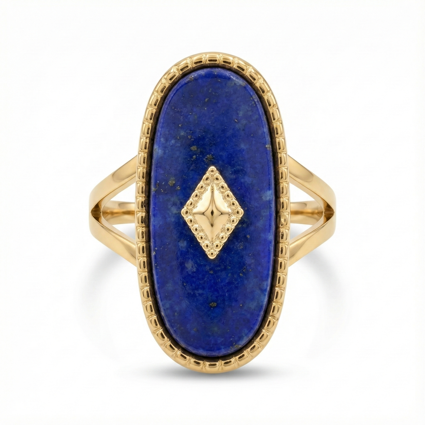 Bague dorée ornée d'une pierre naturelle Lapis Lazuli ovale, bijou bleu nuit et or en acier inoxydable.