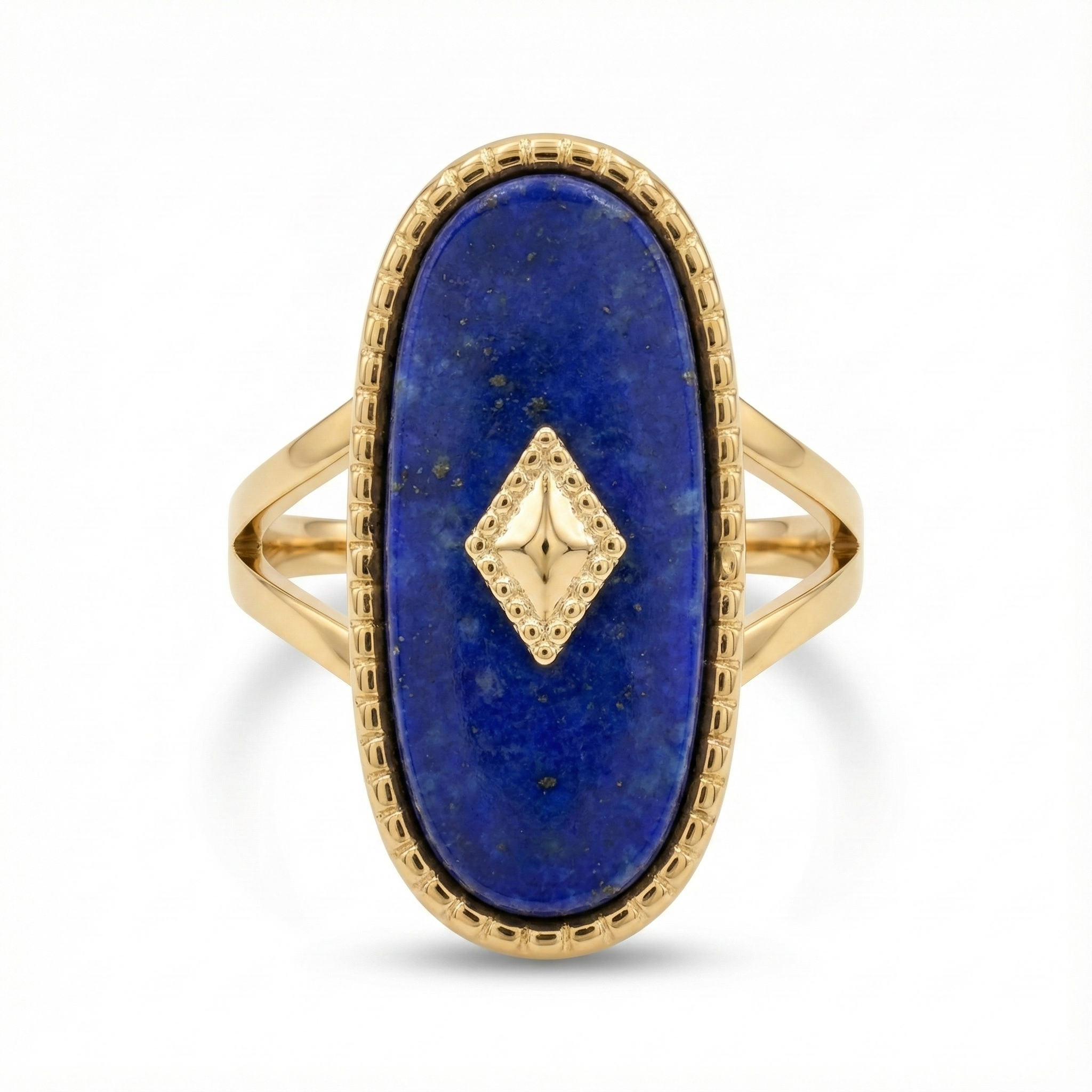 Bague dorée ornée d'une pierre naturelle Lapis Lazuli ovale, bijou bleu nuit et or en acier inoxydable.