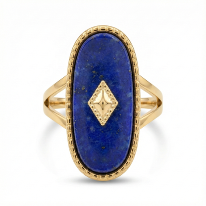 Bague dorée ornée d'une pierre naturelle Lapis Lazuli ovale, bijou bleu nuit et or en acier inoxydable.