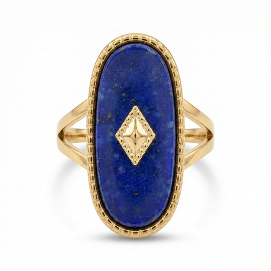 Bague dorée ornée d'une pierre naturelle Lapis Lazuli ovale, bijou bleu nuit et or en acier inoxydable.