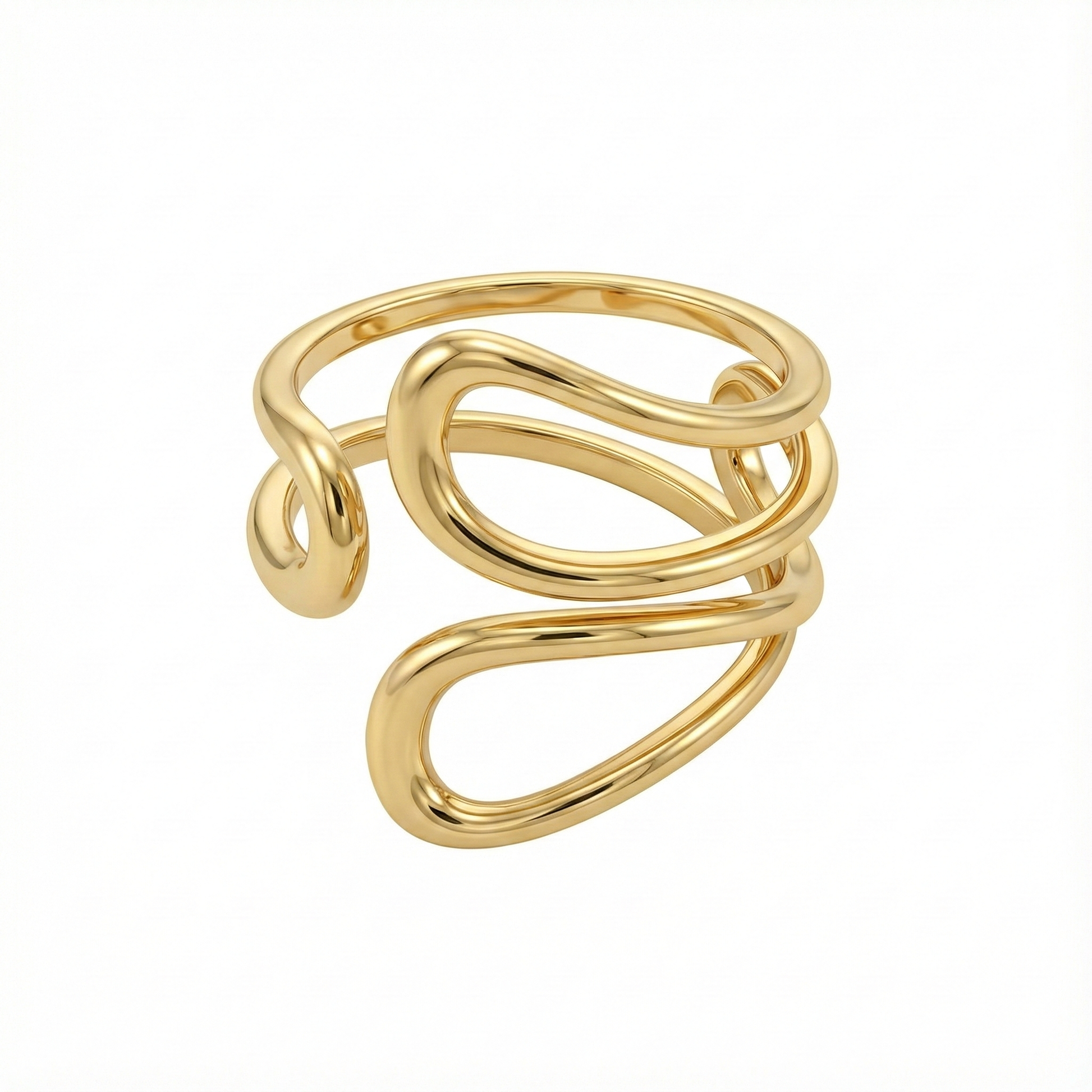 Bague dorée en acier inoxydable à forme ouverte sculpturale, design contemporain et ajustable