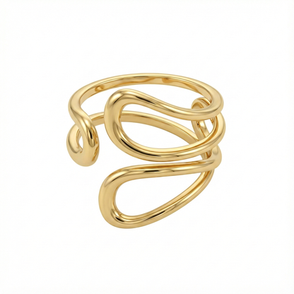 Bague dorée en acier inoxydable à forme ouverte sculpturale, design contemporain et ajustable