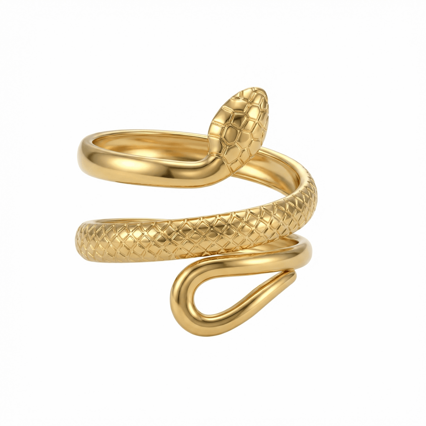 Bague serpent ajustable en acier inoxydable doré texturé, design symbolique contemporain, hauteur 2,1 cm, usage quotidien